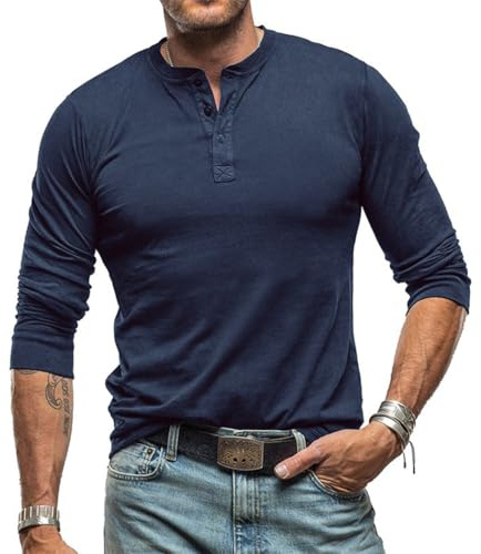 RQPYQF Maglietta da Uomo Manica Lunghe Casuale Henley T-Shirt Maglie a Manica Lunga Leggera Top vestibilità Regolare CS37 (Blu Reale, XL)