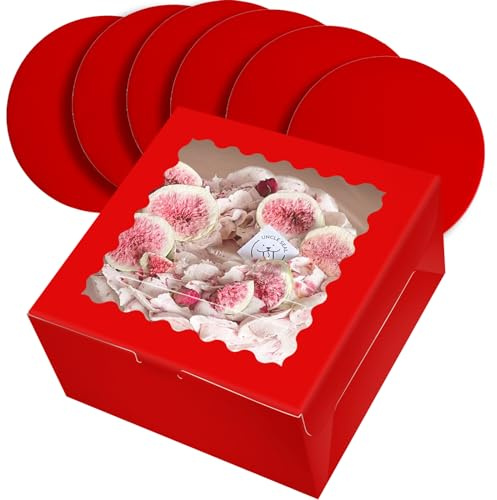 Gcardist - Set di 5 scatole per torte con finestra e 5 sottotorta rotondi da 25,4 cm, contenitori per torte (25,4 x 25,4 x 12,7 cm, rosso)