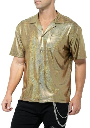 Casey Kevin Camiseta Lentejuelas Hombre Top de Lentejuelas Camisas Traje Casual para Dorada Metálica con Botones Traje de Discoteca para Club Fiesta de Los Años 70, S
