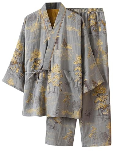 RUMAOZIA Kimono Men's Japanese Cotton Pyjamas with Jacquard Plus Size Short Sleeve Top and Trousers Loose Comfortable Summer Sleepwear Pyjamas Set Soft Cuddly Leisure Suit, light green, M