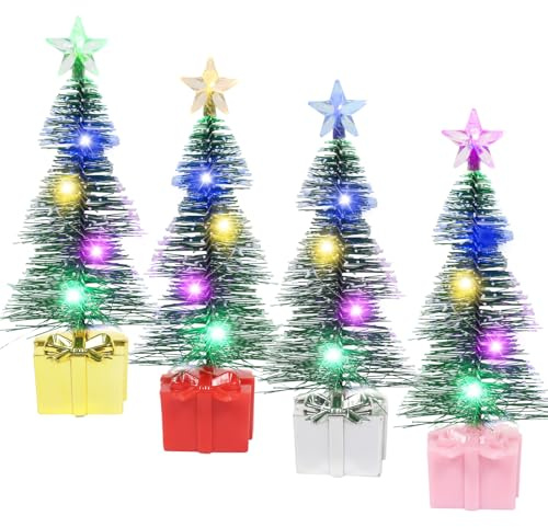 4 stycken LED-minijulgran, konstgjord gran liten, färgglada lampor julgran, mini julgran konstgjord, mini julgran med belysning, juldekoration bord