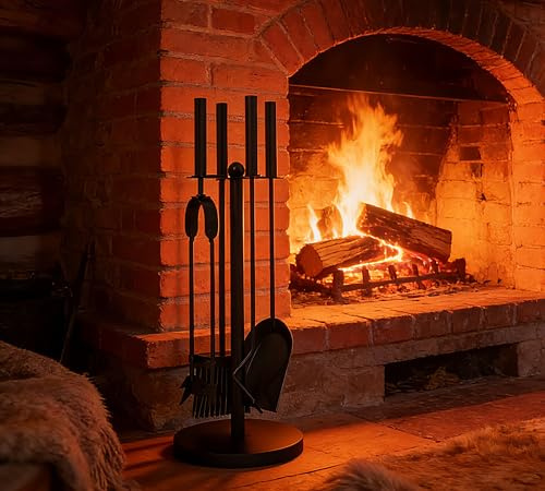 Calidola Set di 4 attrezzi per camino, resistente, con supporto, altezza 48 cm, include pala, attizzatoio, spazzola, pinze, base ponderata da 18 cm, acciaio verniciato a polvere nera