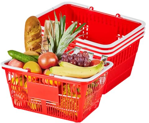 VEVOR Cestas de Compra con Asas 4 Piezas 430 x 305 x 215 mm, Apilables, de Plástico PE, Estructura de Malla Densa, Capacidad de hasta 9,07 kg, para Supermercados, Tiendas, Uso Doméstico, Rojo