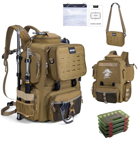 Goture 58L Fishing Tackle Backpack with 4 Tackle Boxes, Detachable Crossbody Bag, 900D Water-Resistant Fishing Bag with Rod Holders, 8 Lure Pockets, Bottle Holder for Camping Hiking Khaki