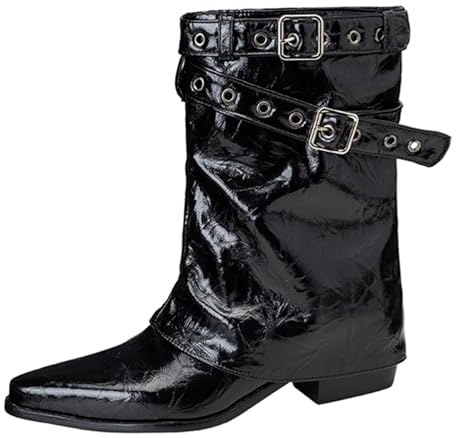 Cocey Bottines pour femme avec talon bloc - Aspect laqué et boucle en métal - Talon de 5,5 cm - Design à enfiler pour le quotidien, Noir , 45 EU