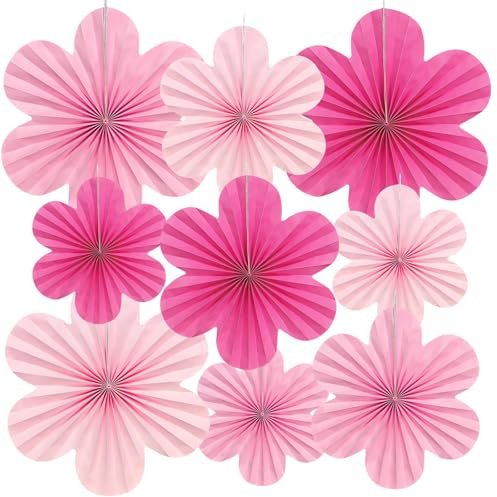 Flores de papel decoración colgante 9 piezas,guirnalda de flores de papel con abanicos de papel rosas,flower decorations paper para decoración fiesta,party decoration para cumpleaños,baby shower, boda