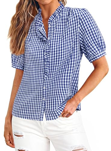 siliteelon Womens Plaid Shirts Gingham Top Short Sleeve Button Down Ruffle V Neck Dress Shirts Cotton Casual Work Blouse Blue