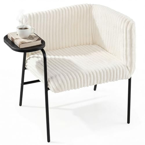 COSTWAY Armchair Accent Chair with Tray Table, Modern Corduroy Upholstered Single Sofa Lounge Armchair, Metal Frame Leisure Comfy Seat Occasional Reading Chair for Living Room Bedroom, Beige