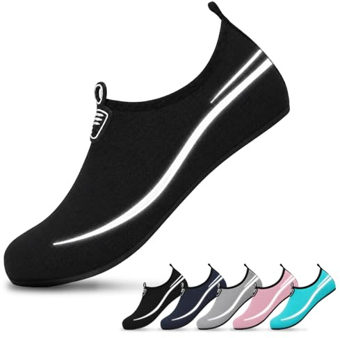 NWDEY Reflective Water Shoes for Women Men Lightweight Beach Swim Shoes, Non-Slip Sea Pool Shoes Quick Dry Barefoot Aqua Socks (Black, Adult, Men, 8, Numeric, UK Footwear Size System, Medium)