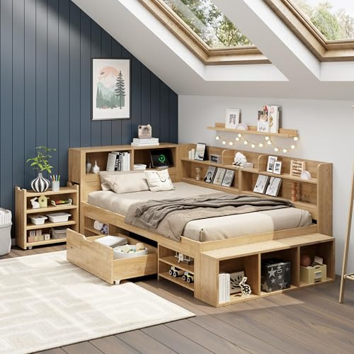 Mrwoo Cama Infantil 90x200cm con Espacio de Almacenamiento, Litera con Estantes y Armarios, Natural (Colchón no Incluido)