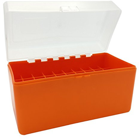 Waffenpflegewelt WPW Patronenbox aus robustem Kunstoff mit Klappdeckel für Kaliber .300 Winchester Magnum, Kaliber .338 Lapua Magnum 50 Stück orange