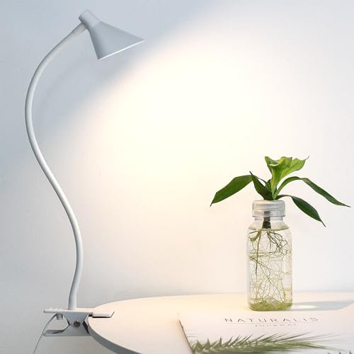 White Desk Lamp with Clip, 3 Color Modes & 10 Brightness Levels, Small Book Reading Light for Bedside, Painting, Music Stand, Study, USB Plug-in