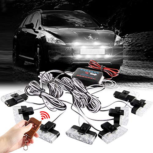 Sidaqi Vit 16 LED, grill, stroboskop-varningslampor, instrumentbräda, däck, visir, polis, strålkastare, bil, lastbil, ambulans, nödsituation, stroboskoplampor med fjärrkontroll, trådlös 12 V