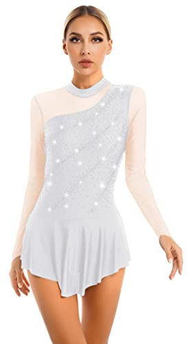 Freebily Damen Eiskunstlauf Kleid Langarm Mesh Eislaufen Ballettkleid Tanz Trikot Mit Strass Glitzer Gymnastikanzug Skating Kleid Weiß M