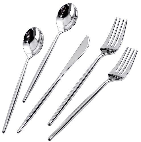 Rubtlamp 180 Pcs Silver Plastic Silverware, Silver Utensils Heavy Duty, Elegant Plastic Cutlery, Fancy Disposable Flatware, Forks Spoons and Knives Set For Party Mother's Day