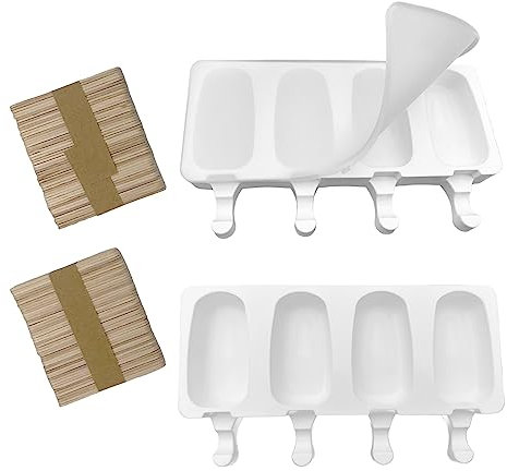 2 moldes para helado, 4 cavidades, molde para helados, con tapa y palos, molde de silicona para helado, para helado de congelado DIY (100 piezas de palitos de madera)
