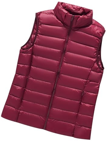 Chaleco Plumas Ligero Ultraligero Mujer Guateado Acolchado Señora Chaqueta Abrigo Sin Mangas Plumífero Rojo L