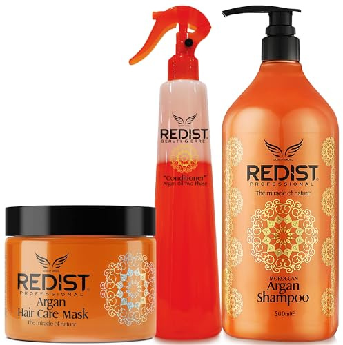 Redist Coffret Soin Cheveux à l'Huile d'Argan – Shampooing 500 ml + Masque 475 ml + Après-Shampooing Biphasé 400 ml | Hydratation, Réparation & Brillance | Pour Cheveux Secs et Abîmés