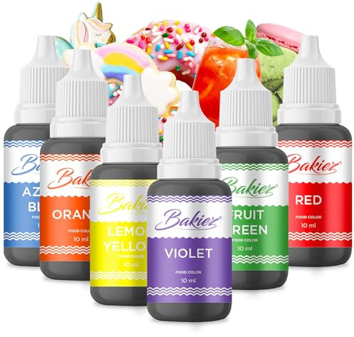 Bakiez® Lebensmittelfarbe Regenbogenfarben – Backfarbe – Lebensmittelfarbe – 6 x 10 ml – Gelb – Orange – Rot – Lila – Grün – Blau