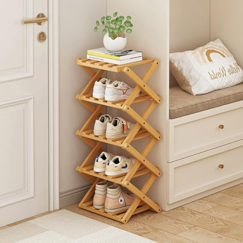 Zapatero Plegable, Organizador Vertical de Zapatos de Bambú Alto para Espacios Pequeños. Multifuncional y estrecho para la Entrada, el Armario, el Dormitorio, el Pasillo, Color Madera, 5 Niveles.