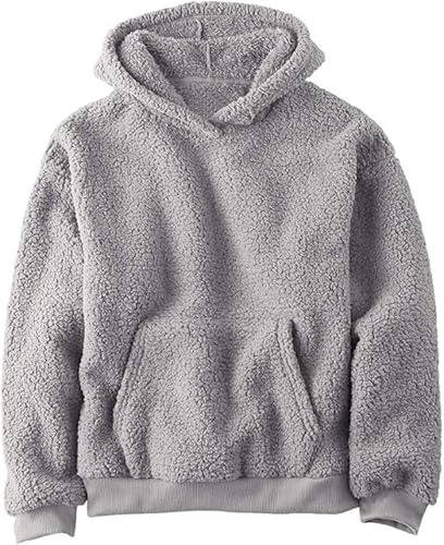 Haloumoning Sudadera con capucha para niños, de forro polar de peluche, unisex, con sherpa, para niñas y niños, de invierno, de felpa, con bolsillos, gris, 140