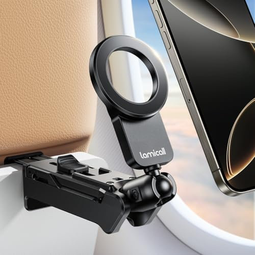 Lamicall Soporte Móvil Mesa de Avión - Soporte Magnético para Teléfono Avión Plegable con Herramientas Ajuste, 360° Rotación, Manos Libres, Apto para iPhone 17/16/15/14 y Otros Smartphones de 4,7-7