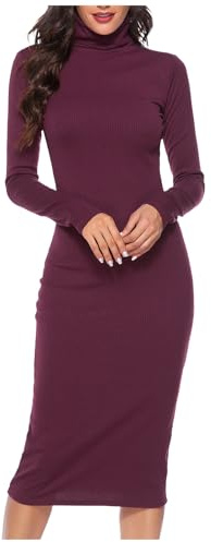 Abito maglione con collo alto e maglia a costine, da donna, a maniche lunghe, vestibilità aderente, vestito avvolgente estivo, Colore: rosso, S