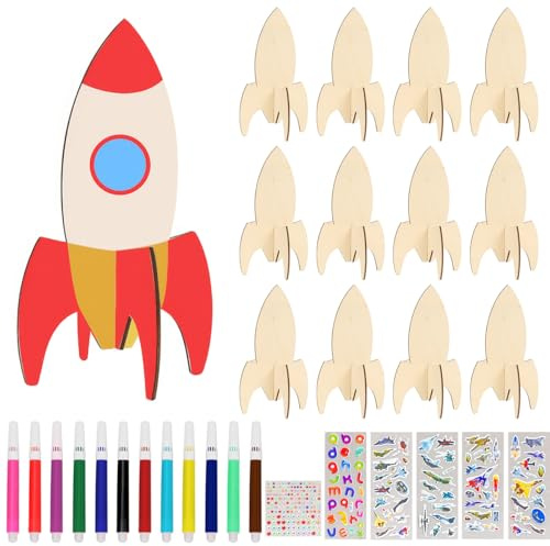 Augesak 12 Pezzi Kit Razzo fai da te in Legno per Bambini, Kit Pittura fai da te Razzo, Lavoretti Creativi Bambini, Artigianale in Legno Razzi Puzzle, Compleanno Regalo