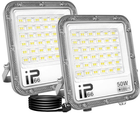 AUXTINGS 2 Stück LED Strahler mit Stecker außen 50W, 5000lm 6000K Weiß Außenstrahler IP66 Wasserdicht Außenbeleuchtung Fluter Scheinwerfer für Garten, Garage, Haus, Hof, Sportplatz