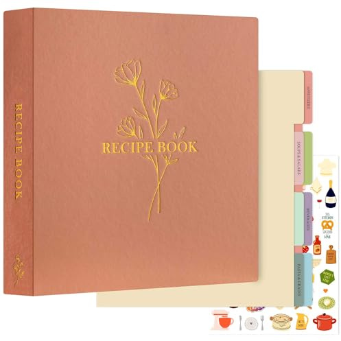 Lanpn Raccoglitore per Ricette, Recipe Binder Cook Book Journal to Write in Your Own Recipes, libro Ricettario Quaderno per Ricette da Scrivere a 3 Anelli con 8 Divisori & 2 Adesivi, Rosa, Inglese