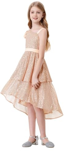 LOLANTA Niñas Lentejuelas Vestido Elegante Princesa Vestido de Fiesta Espumosos Sin Mangas Hombro Correa Vestidos, Oro, 11-12 años, 160