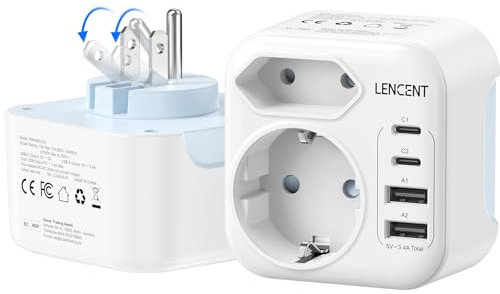 LENCENT Adaptador Enchufe USA, Cargador Americano Viaje con 2 USB-C y 2 USB-A, Adaptador Europa Portugal a EE.UU. Compacto Plegable México, Canadá, Tailandia, Perú, Colombia, Tipo B