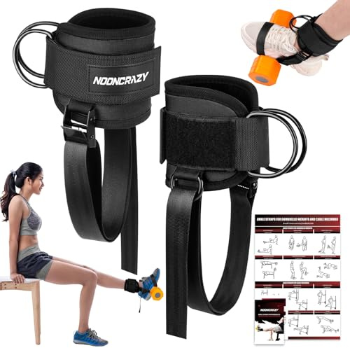nooncrazy Ankle Straps for Dumbbell and Cable Machine, Dumbbell Foot Attachment with Longer Stronger Nylon Strap, Tibialis Trainer, Leg Extensions, Hamstring Curls for Women and Men(Black Double)