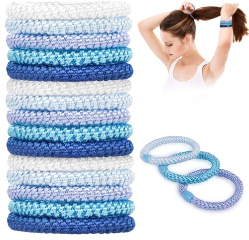 AUAUY Lot de 15 Élastiques à Cheveux de Couleurs Mélangées pour Femmes et Filles, Chouchous à Cheveux Elastiques, Bandes en Coton Tissé Doux pour Cheveux Épais et Bouclés, Bleu