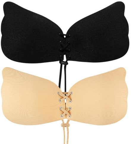 TUONYIS 2 Piezas Sujetador Invisible Adhesivos Push Up Sujetador Espalda Descubierta, Reutilizable, para Vestidos sin Espalda (FR/ES, Letras, Talla única, Regular, Regular, Beige, Negro)