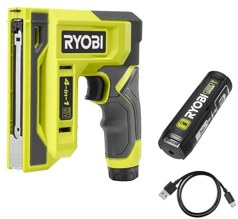 Ryobi - Agrafeuse cloueuse à batterie 4V USB Lithium - Agrafeuse rapide et sans effort - Pour travaux de bricolage et de décoration + Batterie 3,0 Ah livrée avec Son câble USB-C