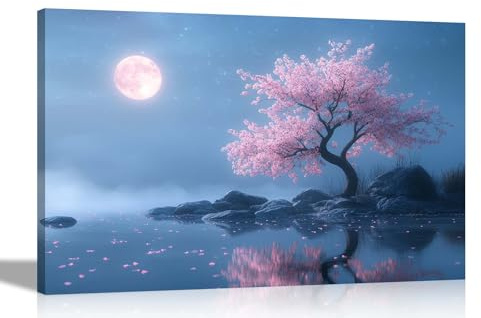 Artley Prints - Moonlit Foggy Night with Cherry Tree and Lake Framed Canvas Wall Art Prints Living Room Bedroom Home Pictures 76 x 50cm (30 x 20 inches)