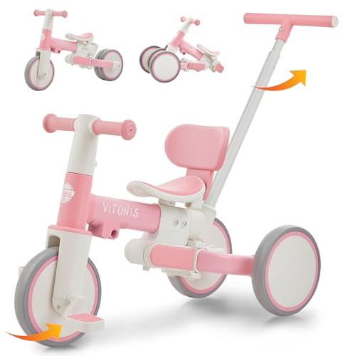 VITONIS Vehículo sin Pedales a Partir de 1 año, Triciclo 5 en 1 con Barra de Empuje para niños, Regalos y Juguetes para niños y niñas, Rosa