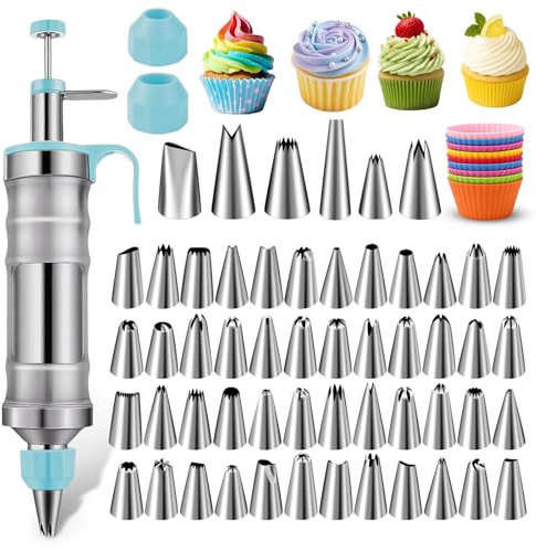 NOVANO Dessert Decorating Syringe Set, Frosting Piping Kit Stainless Steels Cake Decorating Kit with 54 Piping Tips & 9 silicone cupcakes, Cupcake Decorating Kit Piping Bags and Tips Set (Blue)