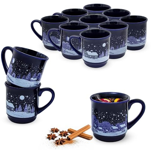 Tazas de vino caliente de cerámica fina con 3 motivos invernales – Juego de 12 vasos de Navidad de porcelana de 200 ml con asa – Taza invernal de Navidad para el mercado caliente con asa