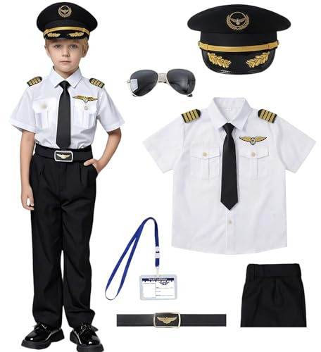 Raveparty Pilot Kostüm Kinder, Karneval Kostüm Kinder jungen Mit Pilotenmütze Krawatte Sonnenbrille Piloten Uniform, für Cosplay, Karneval Party (110)