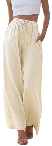 CMTOP Femme Pantalon Fluide Été Lin Pantalons Taille Haute Elastique Pantalons Jambe Large Ample Pantacourt Plissé Décontracté Léger Longueur Pants de Plage avec Poches (Beige, M)