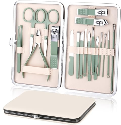 URAQT Professional Manicure Set, 18 pcs Nail Grooming Kit, Green | Nail Care Tools, with Luxurious Leather Case, Portable Stainless Steel Nail Clippers & Eyebrow Grooming Kit for Travel & Home