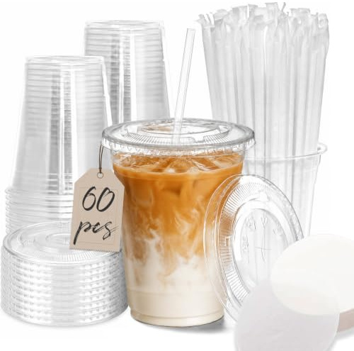 Forhandy 60 st. plastmuggar med lock, 480 ml plastmuggar med lock återanvändbara, muggar To Go drickkoppar för fest iskaffe smoothie milkshakes cocktail