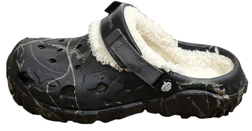 Clogs Mules for Men Women - Winter Warm Fur Lined Garden Shoes - Adjustable Heel Strap Thick Tire Sole - Indoor Outdoor Dual Purpose - House Slippers Garden Work Shoes Winter Warm Footwear Black