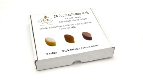 LE ROY RENÉ Epicerie Fine - Petits Calissons d’Aix emballés individuellement. Boite carrée sans emballage décoratif, format vrac - Saveur : (8 Nature, 8 Café Noisette, 8 Chocolat Noisette : 143g)