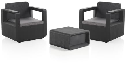 Shaf - Conjunto de Jardín Venus Tete a Tete – Pack 2 Sillones y Mesa Exterior – Plástico Reciclado Resistente UV – con Cojines – Diseño Ratán – Fabricado en España – Grafito