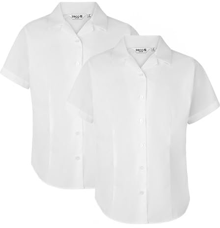 ZECO (2 Pack) Girls Slim Fit Short Sleeve, Revere Collar School Blouses (4-16+ Years) White