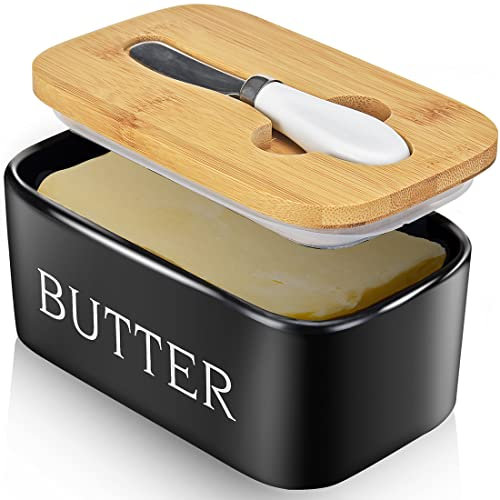Butterdose mit Deckel, große Butterdose für Arbeitsplatte, Keramik-Butterbehälter mit Messer und hochwertiger Silikonversiegelung, Butterbox für Heimdekoration, gutes Küchengeschenk, Schwarz