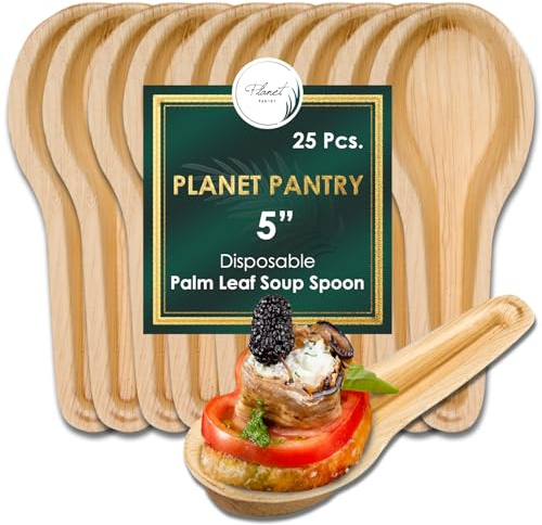 Planet Pantry Disposable Palm leaf Cutlery Wooden Bamboo-Like Paper and Plastic Alternative Eco-Friendly for Food, Party, Buffet (5 Soup Spoon, 25)